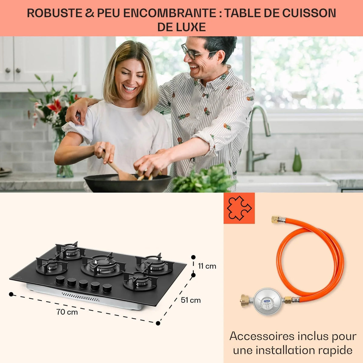 Klarstein Table de Cuisson à Gaz, Plaque de Cuisson Gaz à 5 Brûleurs, Table de Cuisson Encastrable à 5 Feux de 10400W, Cuisiniere Gaz, Gaziniere Gaz avec Brûleurs en Acier Inoxydable, Cuisinières GPL