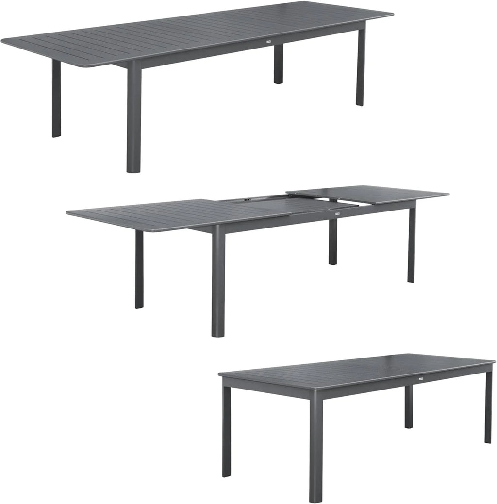 sweeek - Table de Jardin Extensible Aluminium + 10 assises Aluminium et textilène Anthracite. 8 chaises. 2 fauteuils. 10 Places. 290 x 100 x 75 cm
