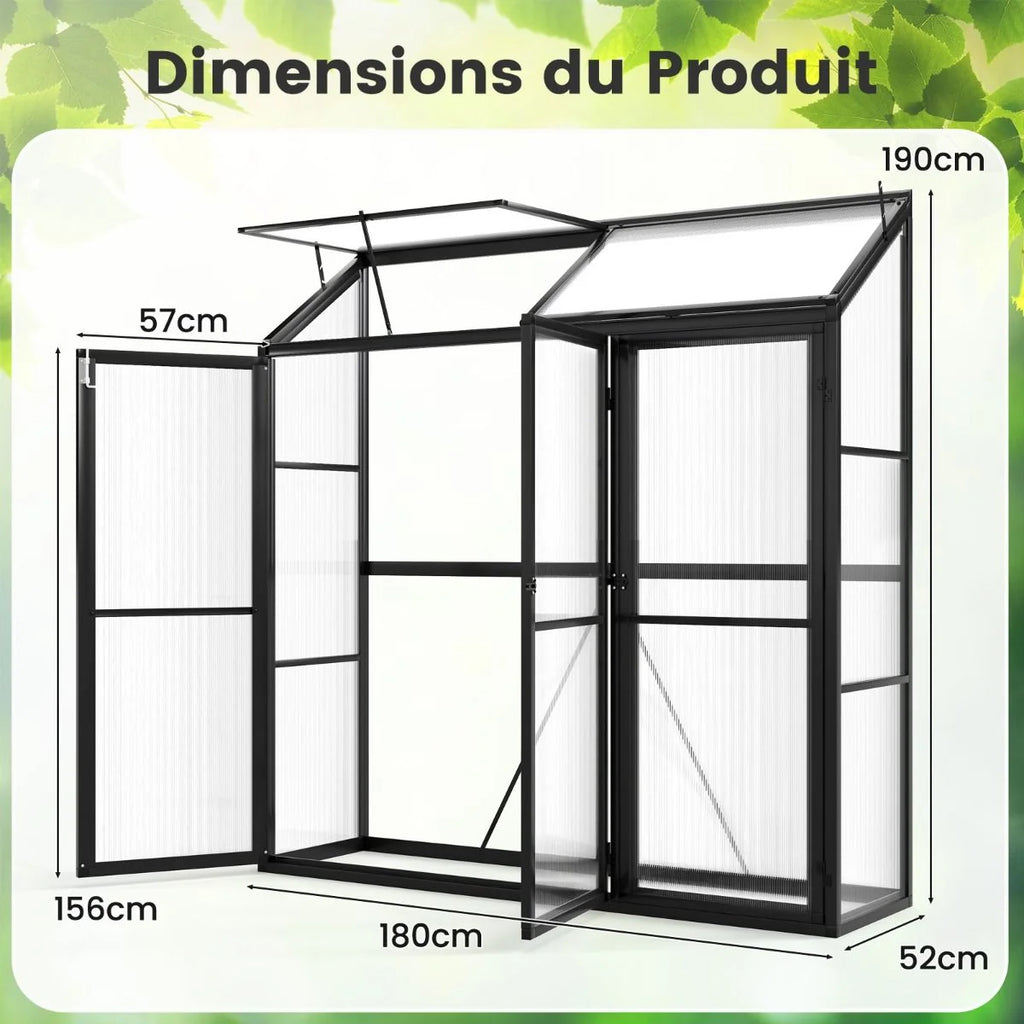 Serre de Jardin Extérieure en Aluminium Serre Mini Walk-in avec Lucarne et 3 Portes Fermables Plaques PC Résistantes au Soleil Noir