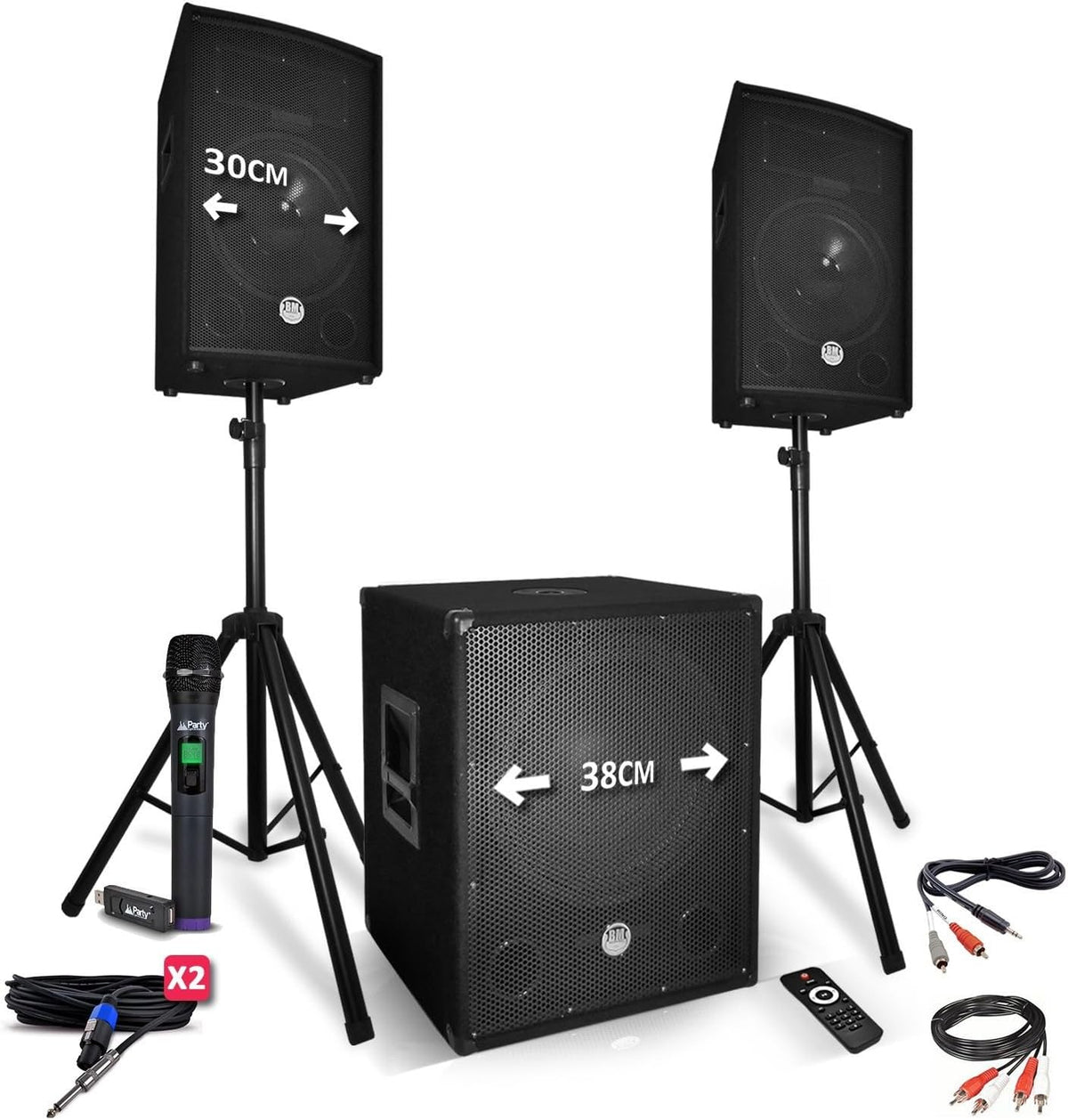 Pack Sono 2200W - Enceintes 12" + Caisson 15" + Pieds + Micro UHF - USB/Bluetooth + câbles