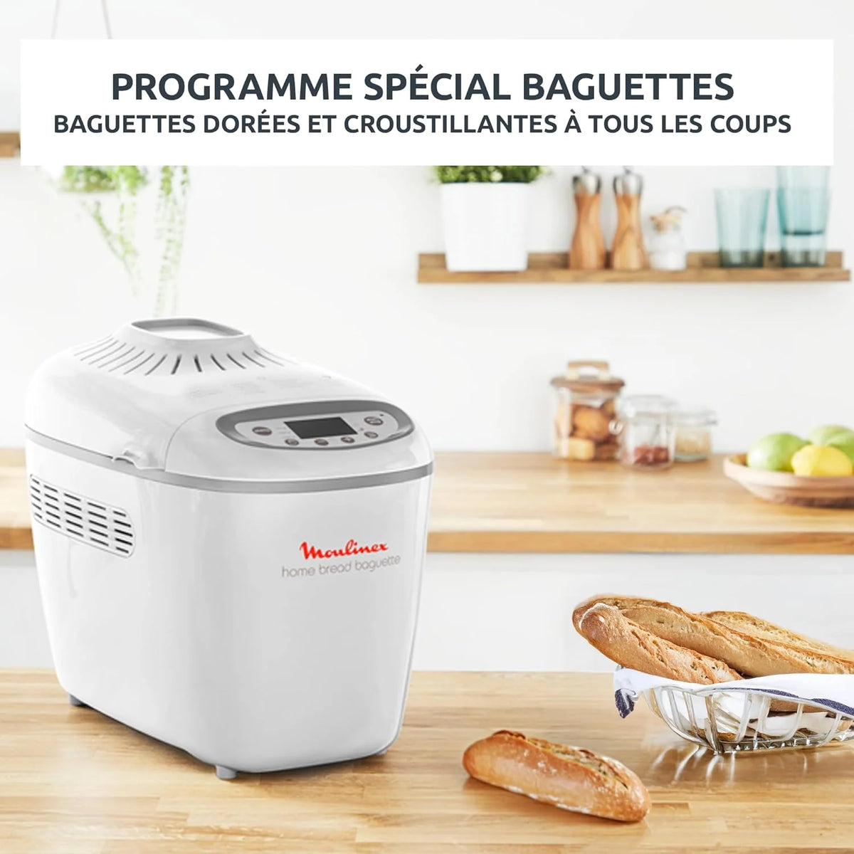 Moulinex Home Bread Baguette Machine à petits pains, 16 programmes, Résultats homogènes, Jusqu'à 1,5 kg de pain frais, Plaques croustillants, 3 niveaux de dorage OW610110, Blanc