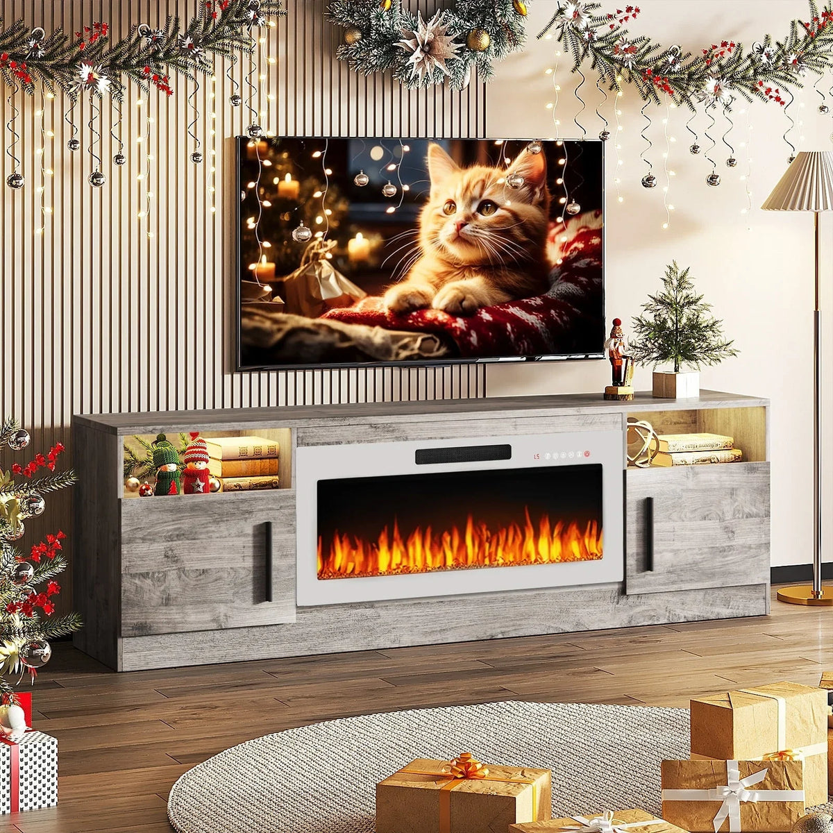 Bossin 70 Fireplace TV Stand with 36 Electric Fireplace, TV Stand for TVs Up to 80, 16 Colors LED Lights/Entertainment Center