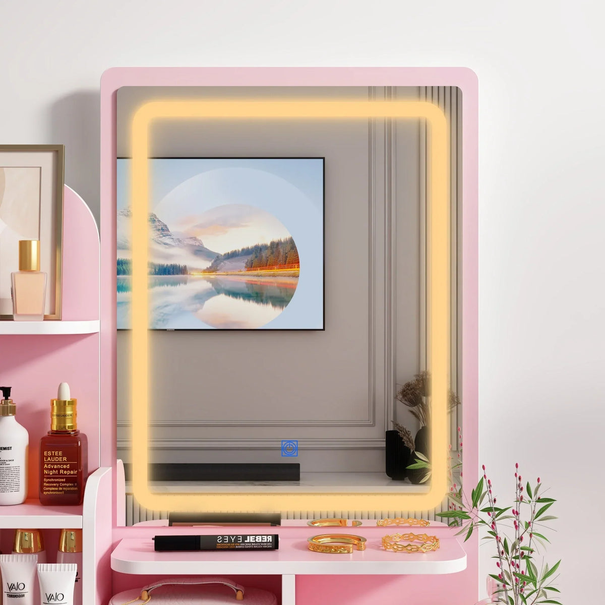 Makeup Vanity Set Table With LED Light &Mirror & Stool