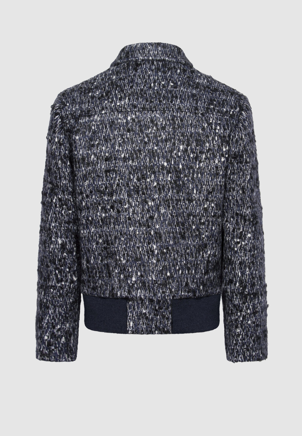Blouson zippé en tweed de laine chiné bleu, noir et blanc