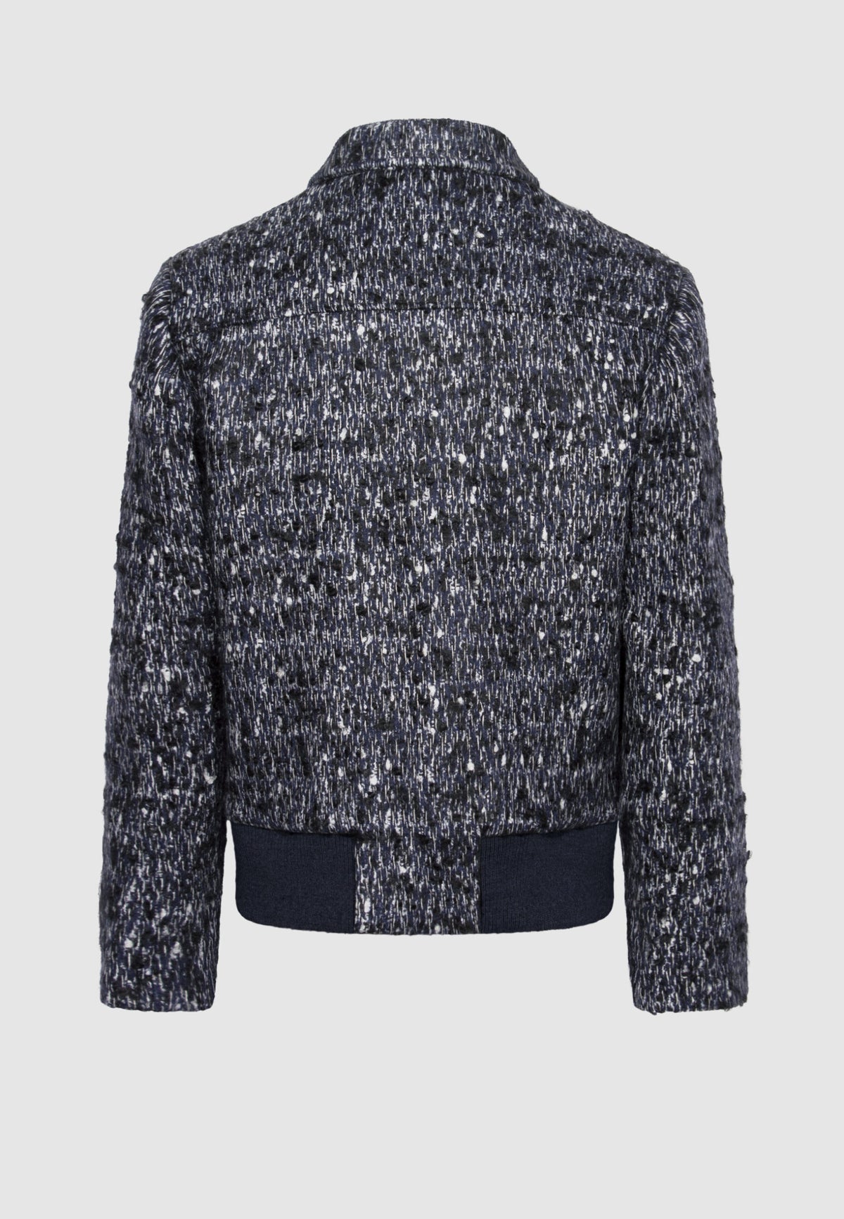 Blouson zippé en tweed de laine chiné bleu, noir et blanc