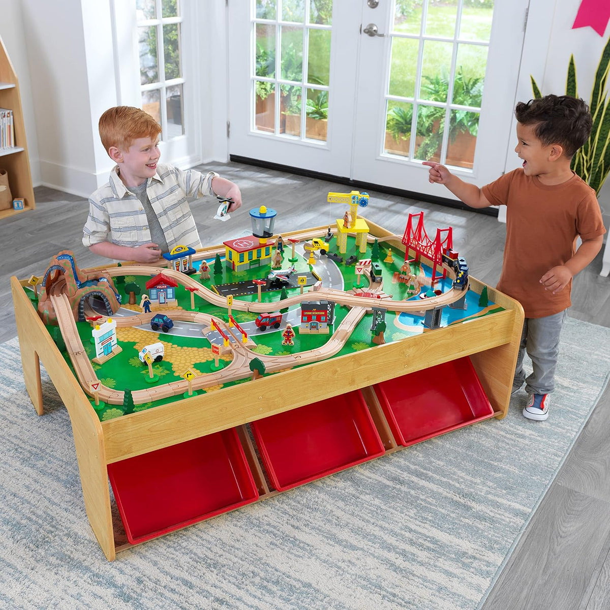 KidKraft Waterfall Mountain Wooden Train and Table Set with Storage Boxes, Railway Circuit with Cars, Helicopter and Plane Toy Children 3+ Years (17850)