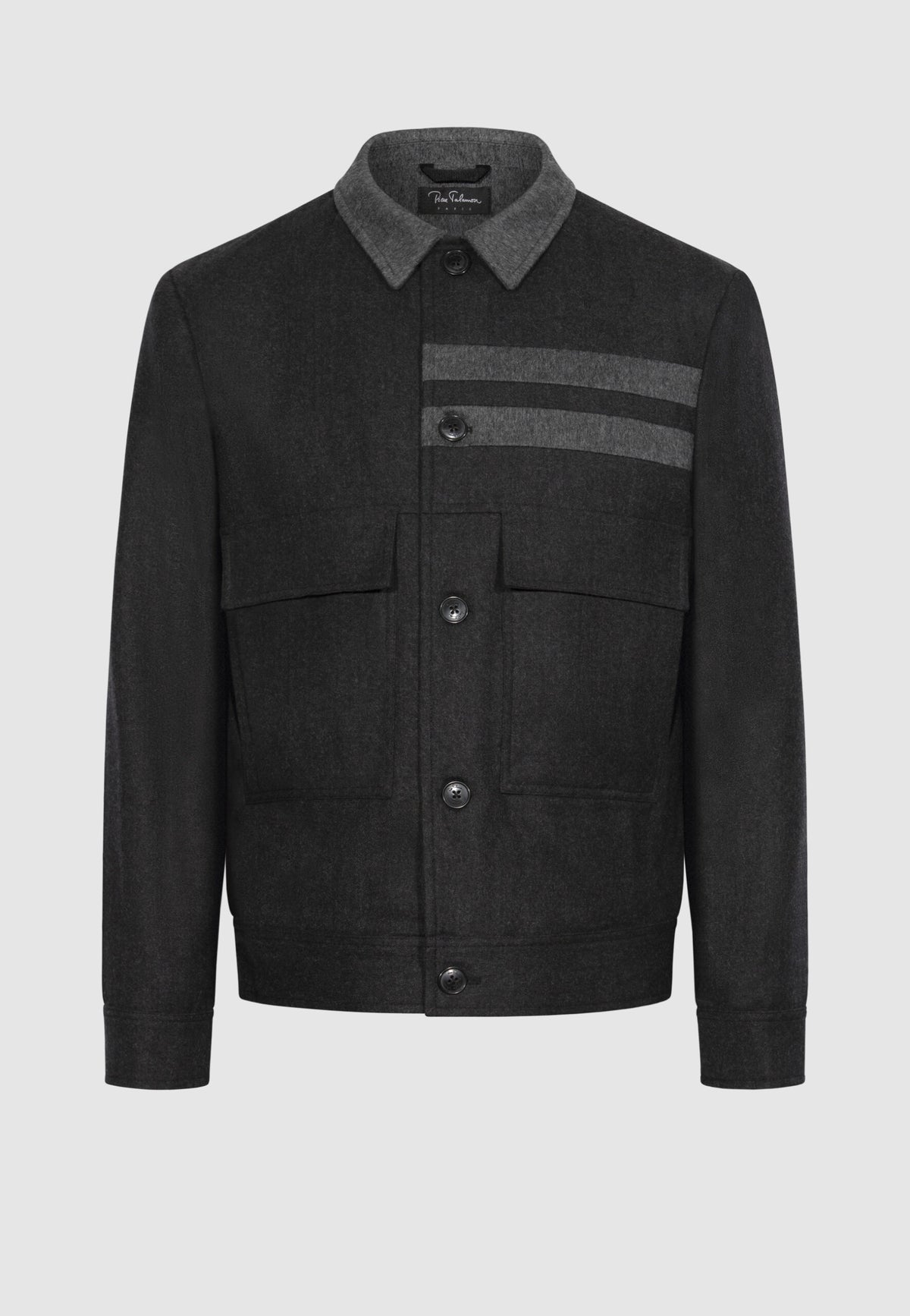 Blouson boutonné en flanelle grise à découpes contrastées