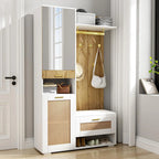 Meuble armoire pratique avec miroir pleine longueur,rangement chaussures avec assise basse,crochets suspendus en métal doré,étagères latérales ouvertes,vertical pour entrée claire Bois+Blanc