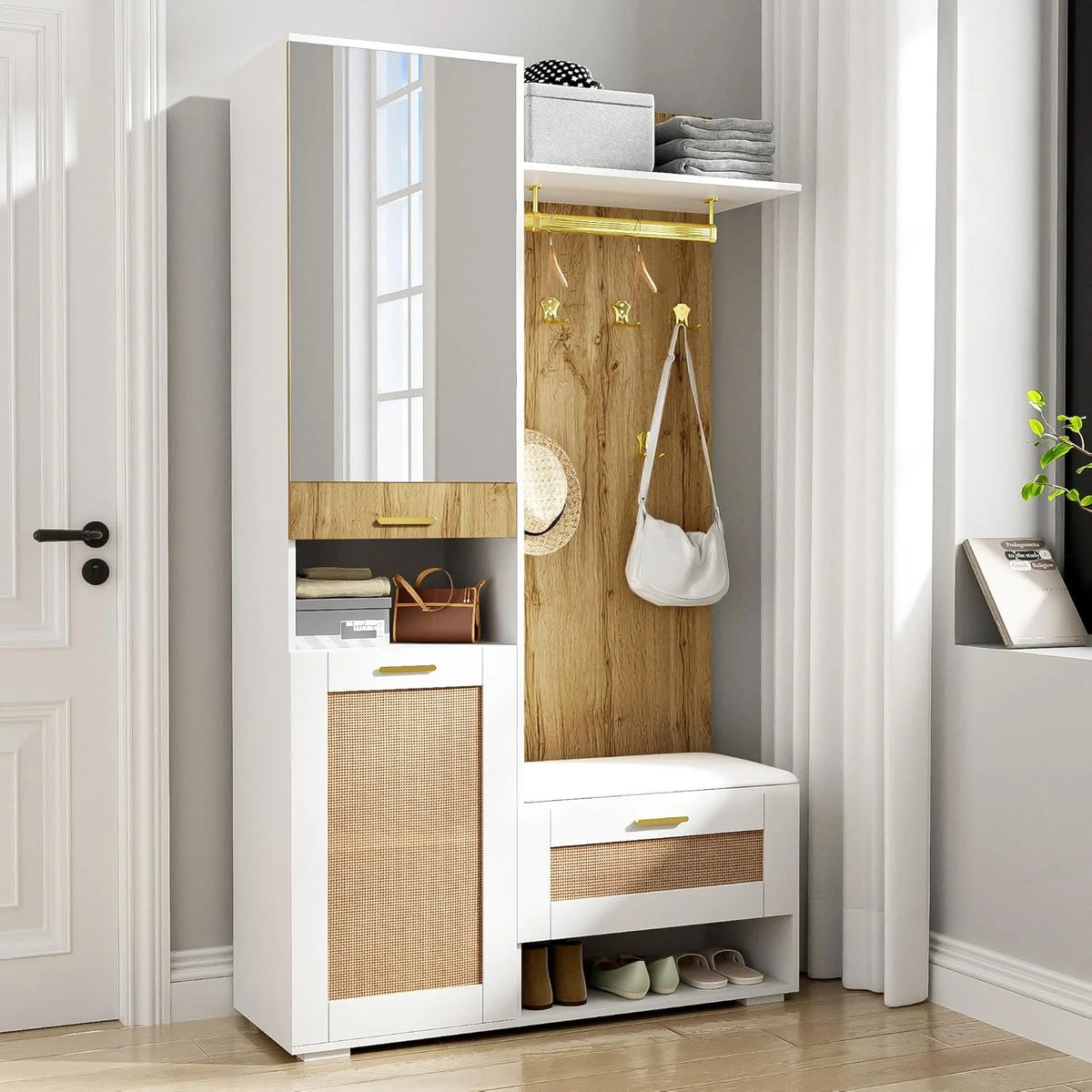Meuble armoire pratique avec miroir pleine longueur,rangement chaussures avec assise basse,crochets suspendus en métal doré,étagères latérales ouvertes,vertical pour entrée claire Bois+Blanc