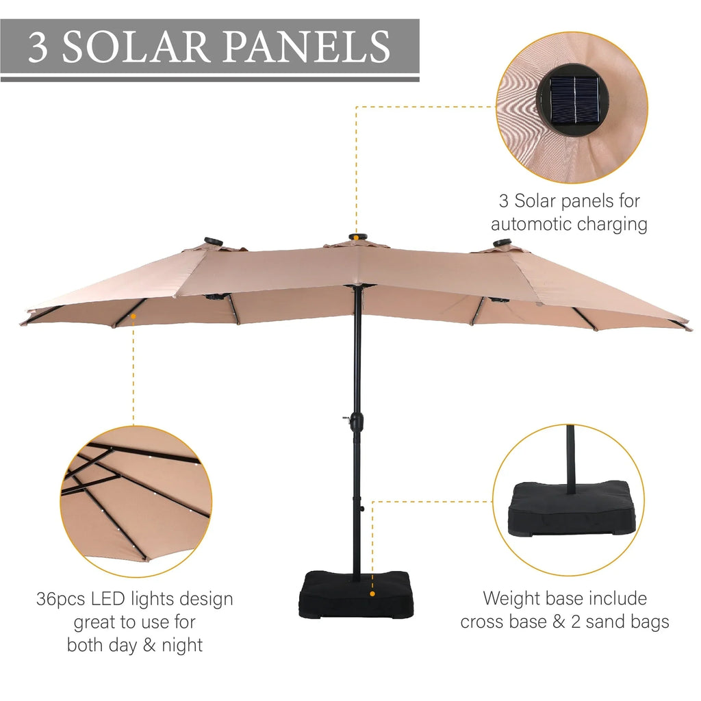 15-foot Rectangular Crank Double-sided Outdoor Market Umbrella Solar LED Lighted Patio Umbrella with Base Included