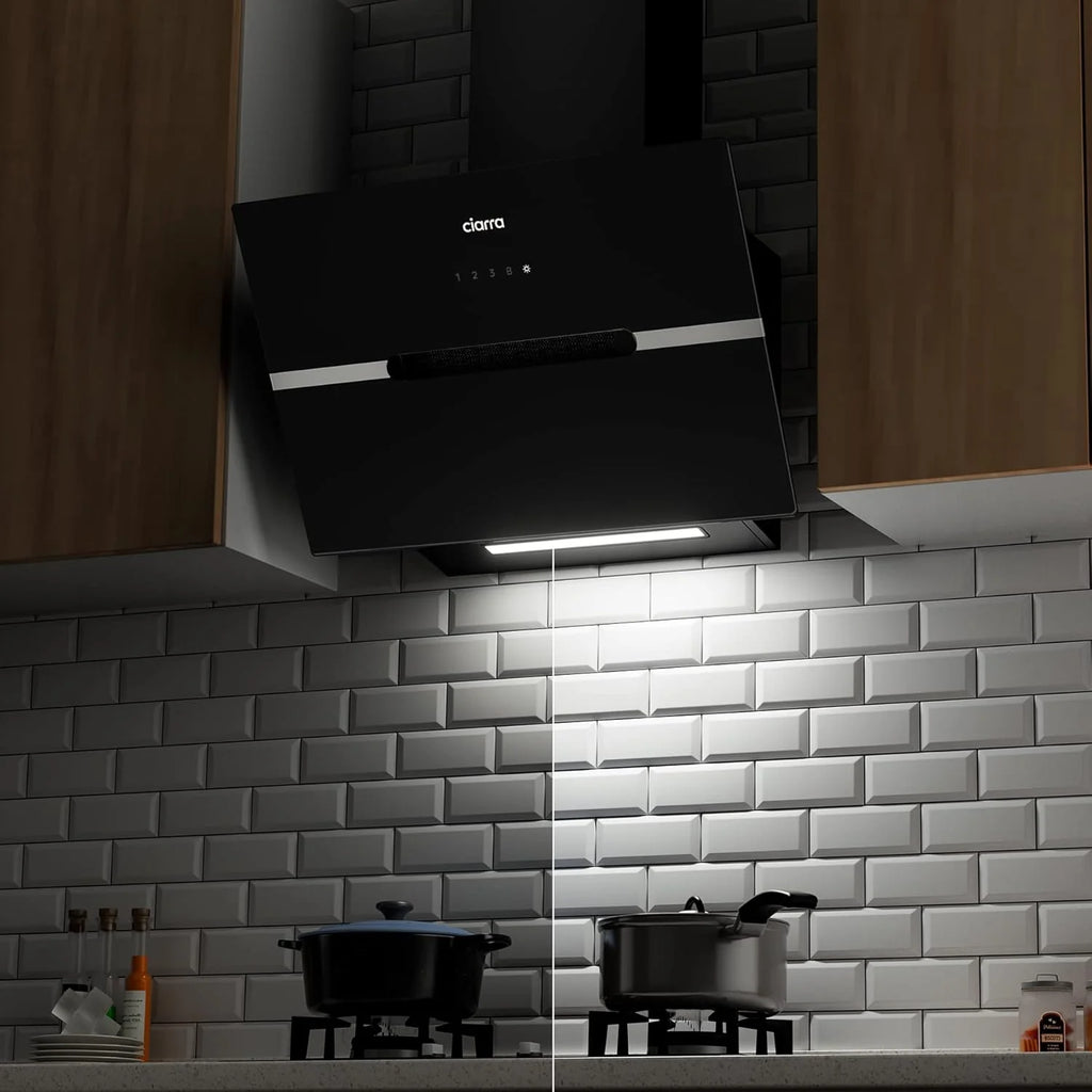 Ciarra CBCB6736F Classe A+++ Hotte Aspirante Inclinée 60cm - 650m³/h - Commande Tactile & Wi-Fi - Fonction Boost - Design en Verre Élégant - Noir