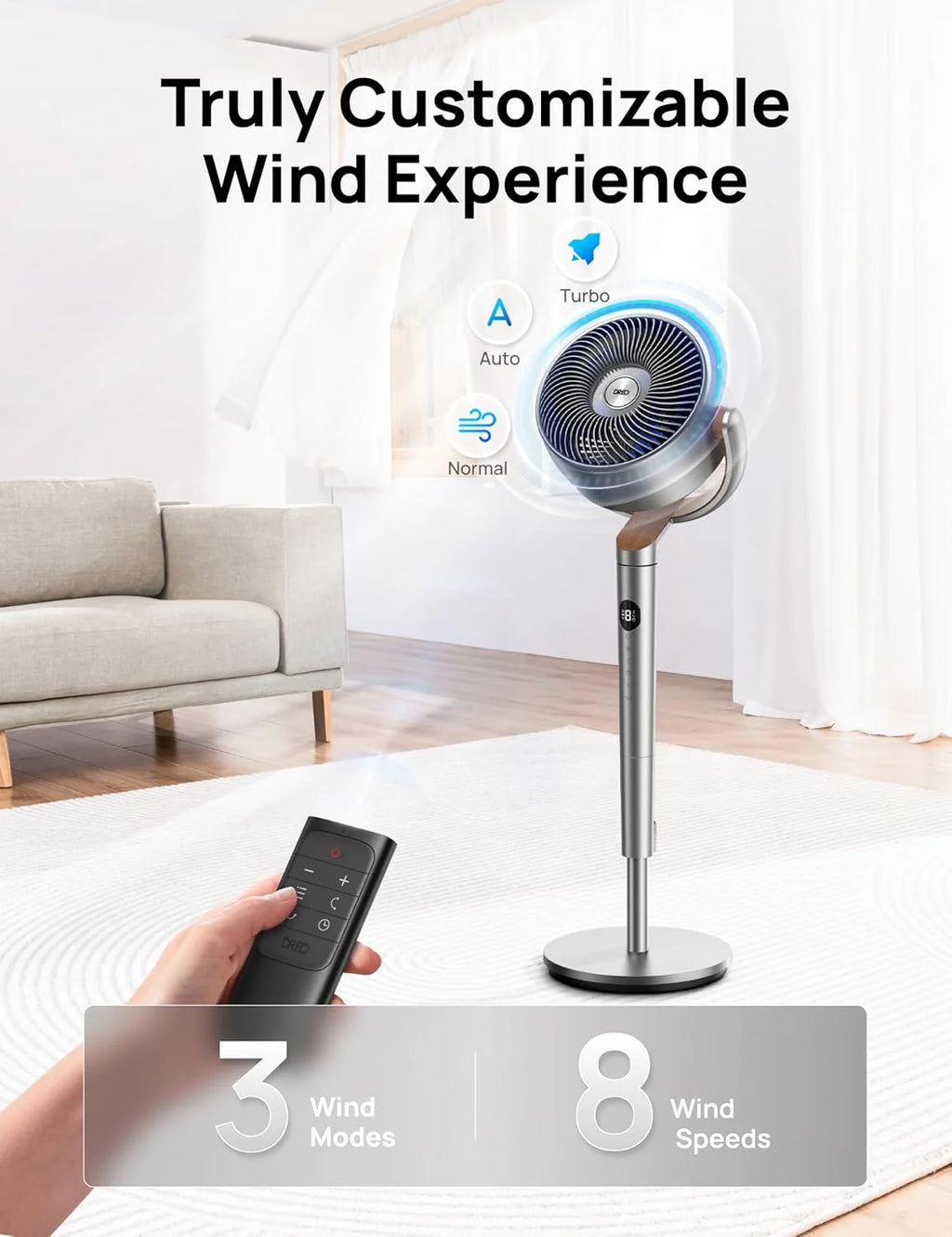 DREO 20 dB Smart Ventilateur Silencieux sur Pied, Oscillation à 120° + 120°, Ventilateurs Puissants avec Télécommande, Portée de 24 m, 6 Modes, 8 Vitesses, Minuterie de 12 h, Compatible avec Alexa