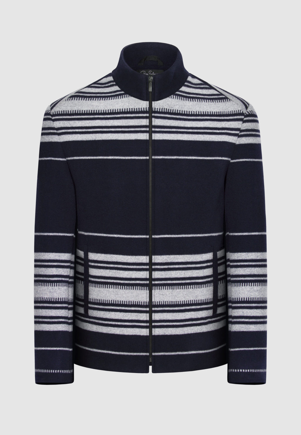 Blouson zippé en laine et cachemire bleu marine à rayures