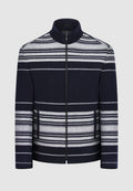 Blouson zippé en laine et cachemire bleu marine à rayures