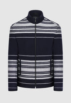 Blouson zippé en laine et cachemire bleu marine à rayures
