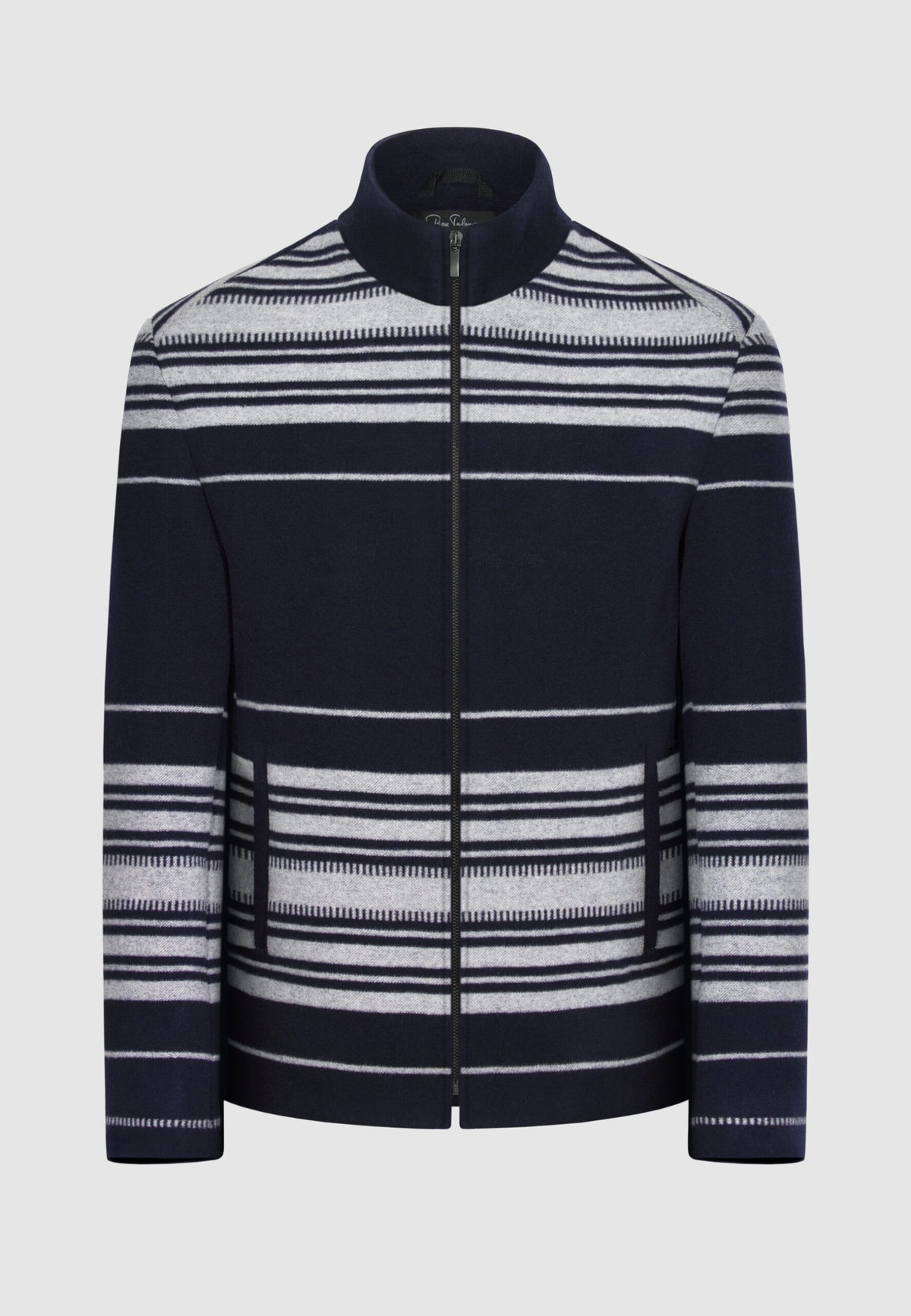 Blouson zippé en laine et cachemire bleu marine à rayures