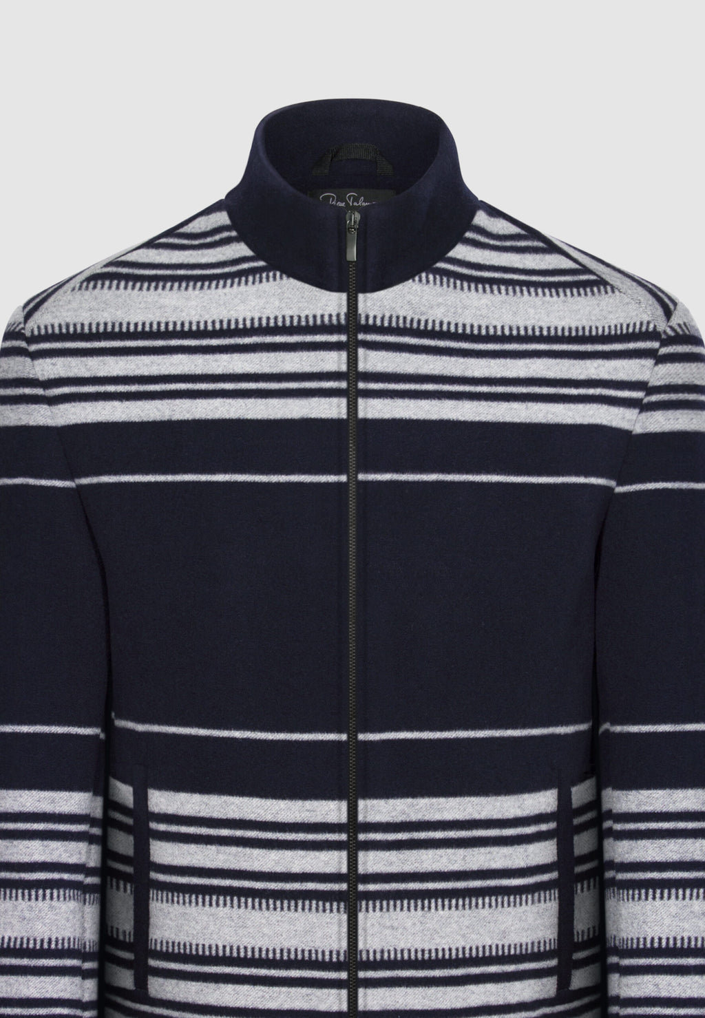 Blouson zippé en laine et cachemire bleu marine à rayures