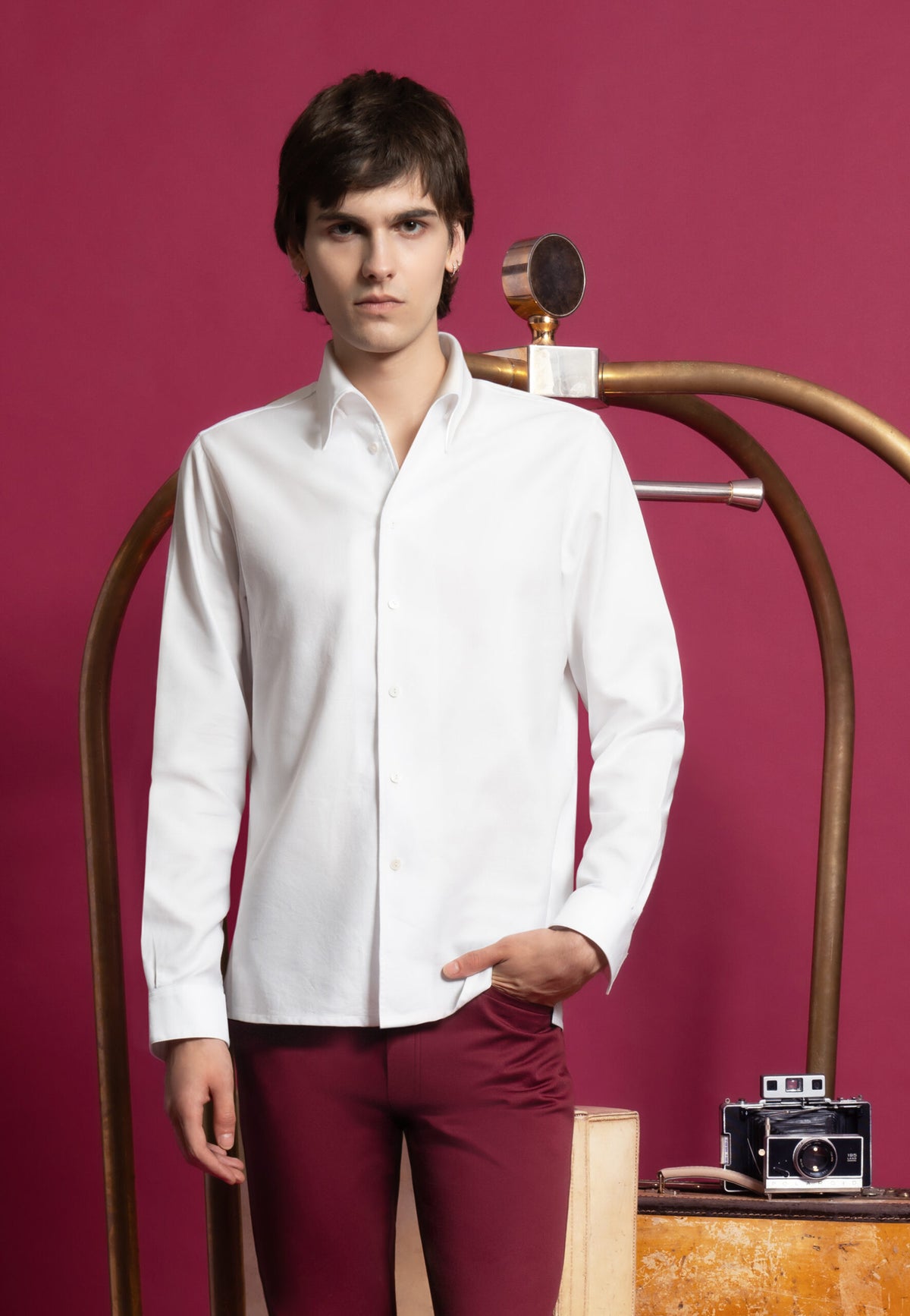 Chemise texturée à col souple en coton blanc