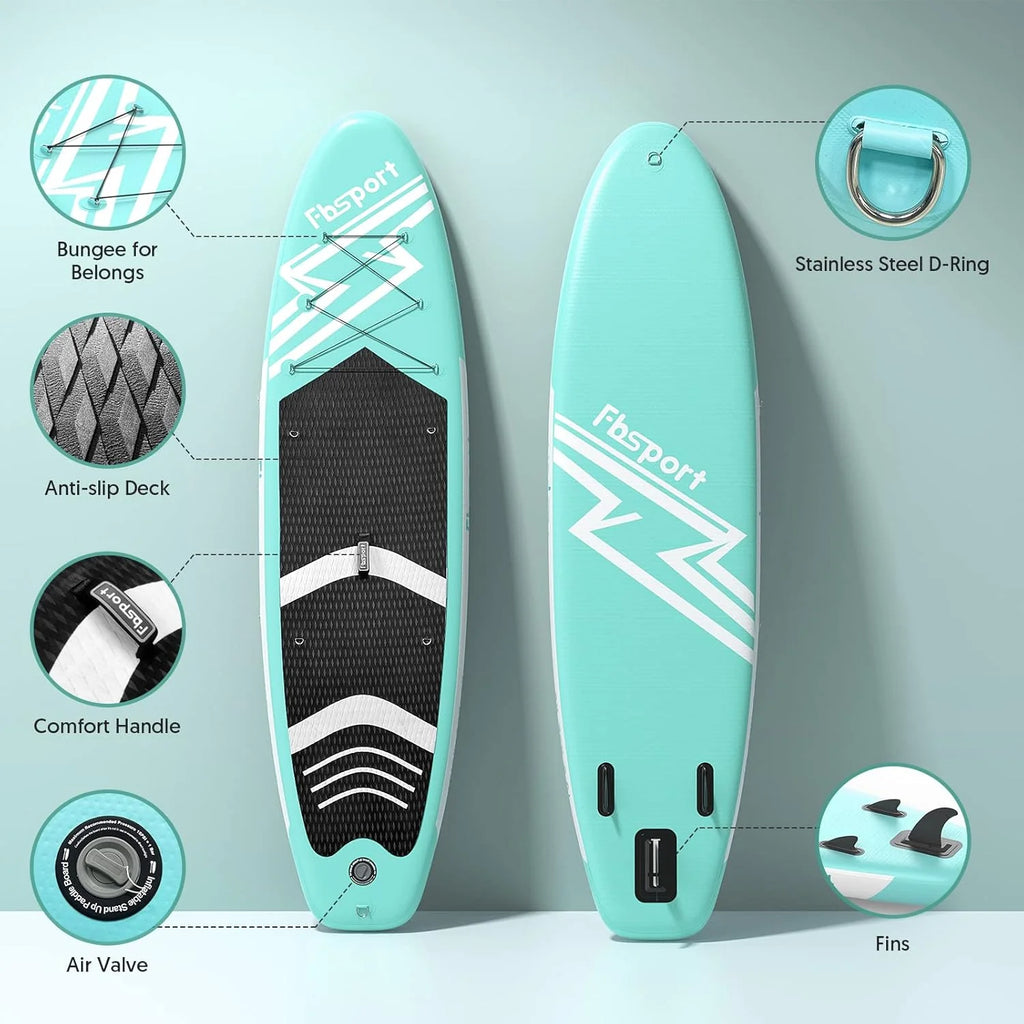 Tabla de Paddle Premium FBSPORT de 11 pulgadas, tabla de yoga con accesorios SUP y bolsa de transporte, postura ancha, control de surf, cubierta antideslizante, correa, remo y bomba para jóvenes y adultos