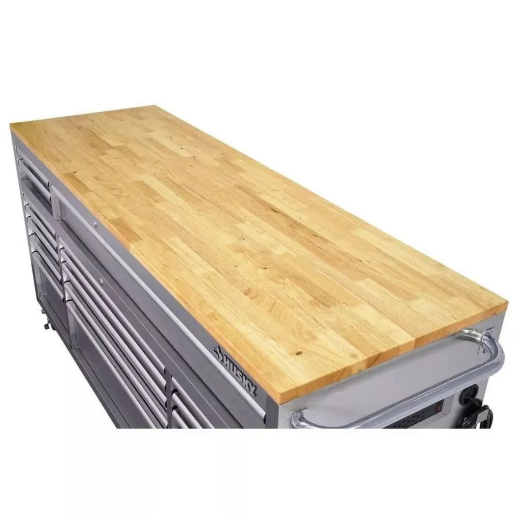 Établi mobile de 72 po, 18 tiroirs et 24 po de profondeur, en bois massif et acier inoxydable