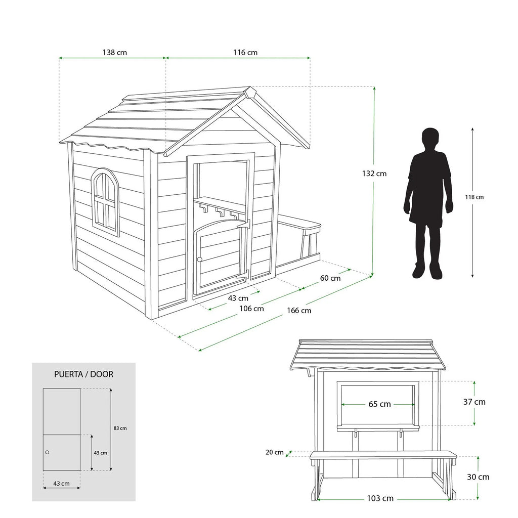 Casita Infantil De Madera Robincool 1,2 M² De 116x138x132 Cm Diseño Abierto Con Ventanas Y Banco Exterior