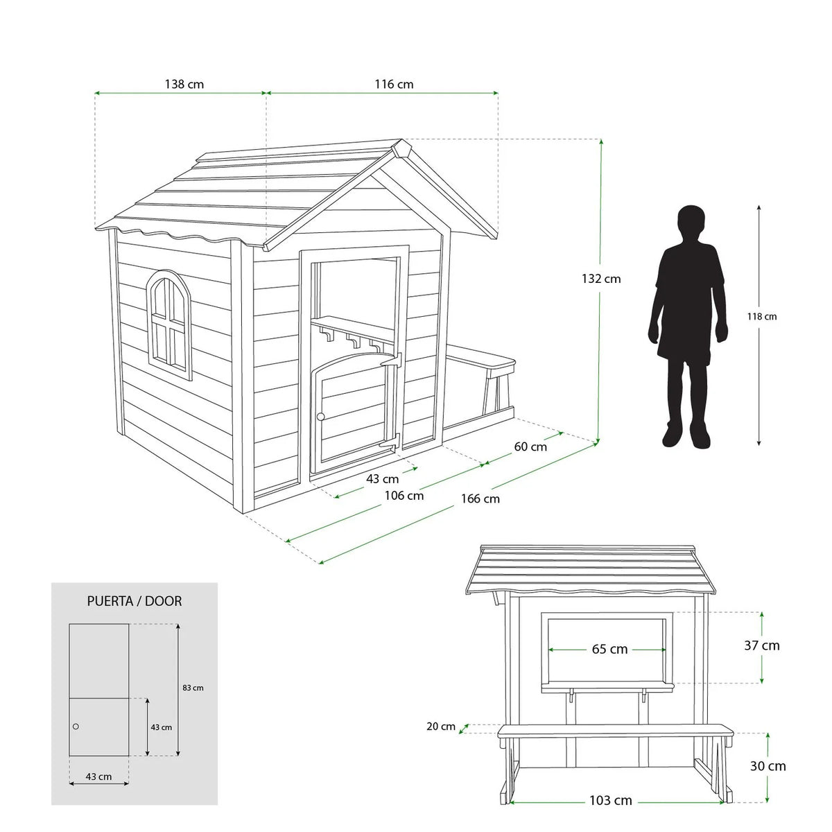 Casita Infantil De Madera Robincool 1,2 M² De 116x138x132 Cm Diseño Abierto Con Ventanas Y Banco Exterior
