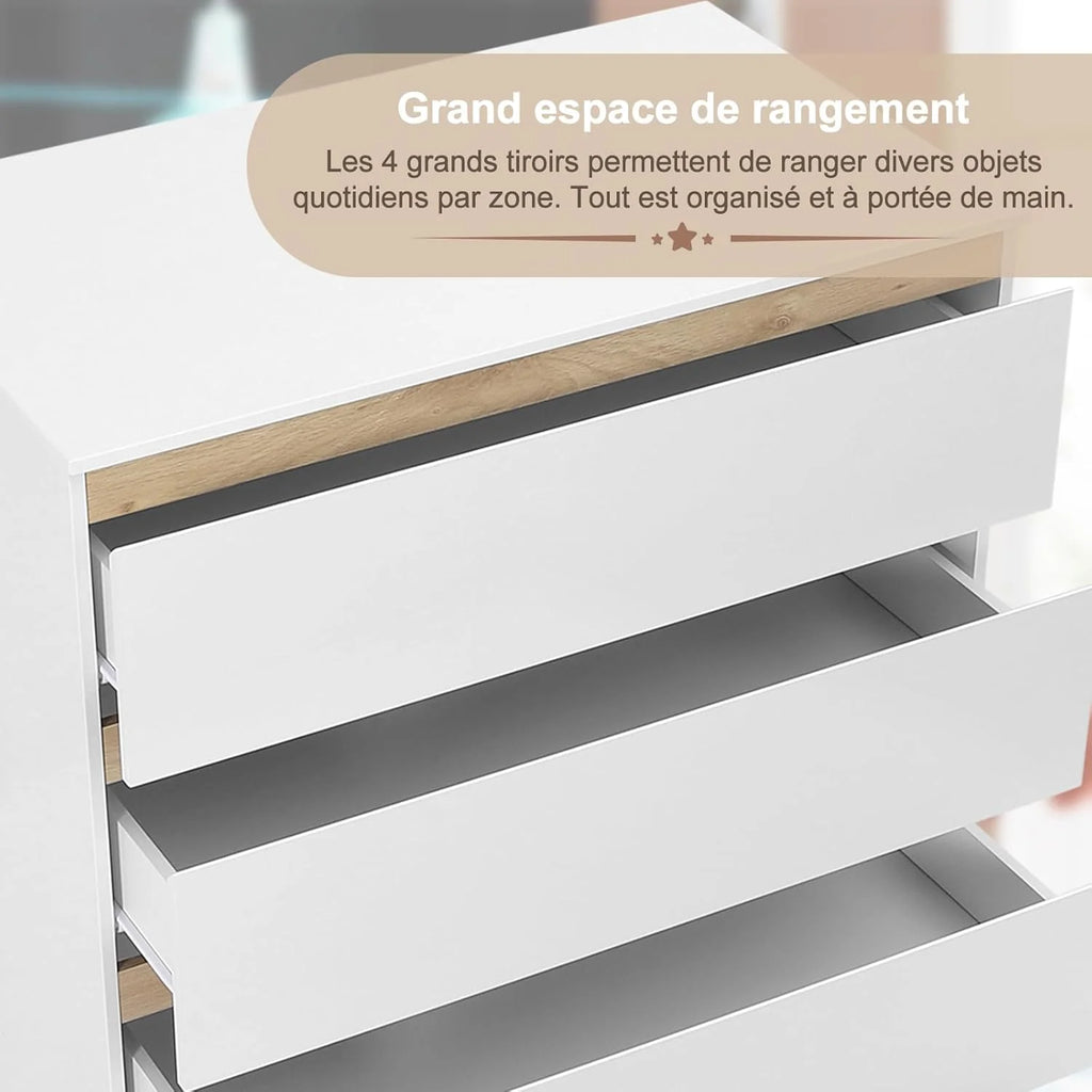 WOLTU Table à Langer + Commode avec 4 Tiroirs, Ensemble Meuble à langer pour Bébé, en Bois d’Ingénierie, Blanc + Chêne Clair, 80x75x109,2cm