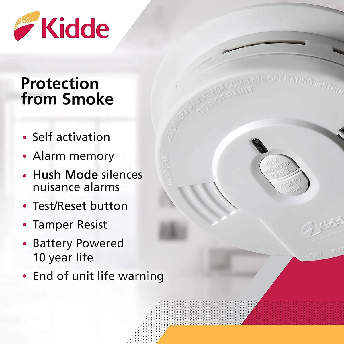 Detector de Humo Kidde, Batería de 10 Años, Indicadores LED, Alerta de Reemplazo, Botón de Prueba y Reinicio, 6 Paquetes, Blanco