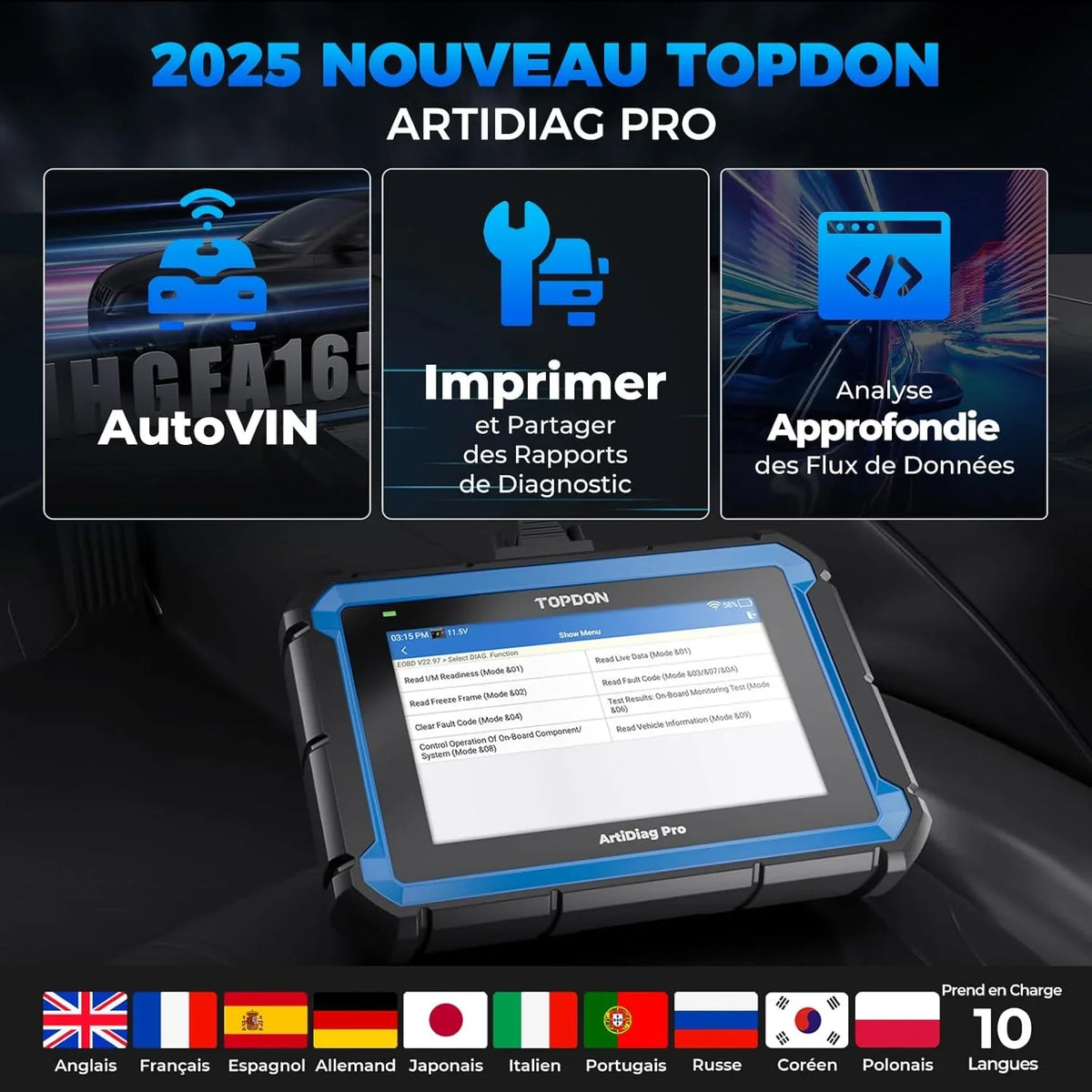 TOPDON ArtiDiag Pro valise diagnostic auto, 100 marques, 35+ services, codage ECU