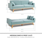 Don Descanso, Sofá Cama 3 plazas Reine, Tapizado en Tela, Sistema Apertura de Libro o Clic-clac, Medida sofá: 201x73x79 cm, Medida Cama: 201x99x42 cm, Incluye 2 Cojines, Gris Claro