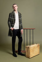 Manteau en tweed de laine noir, vert, beige et blanc