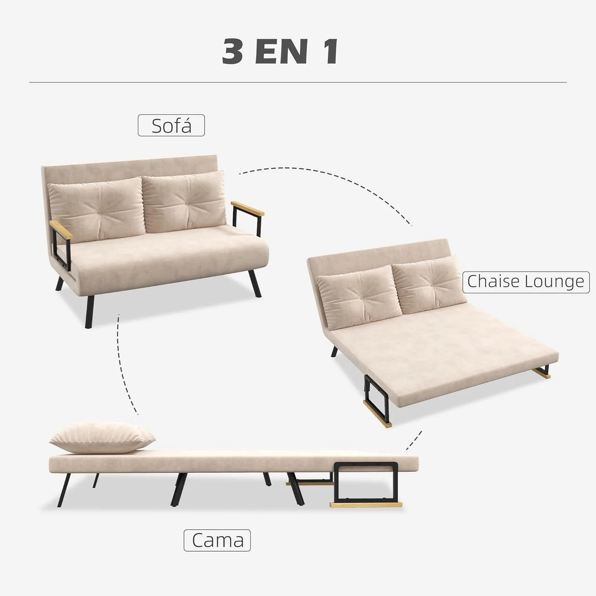 HOMCOM Sofa Bed 2 Seater Folding Sofa Bed Upholstered in Velvet with 5 Levels Adjustable Backrest and Padded Pillows for Office Bedroom Living Room 102 x 73 x 81 cm Beige