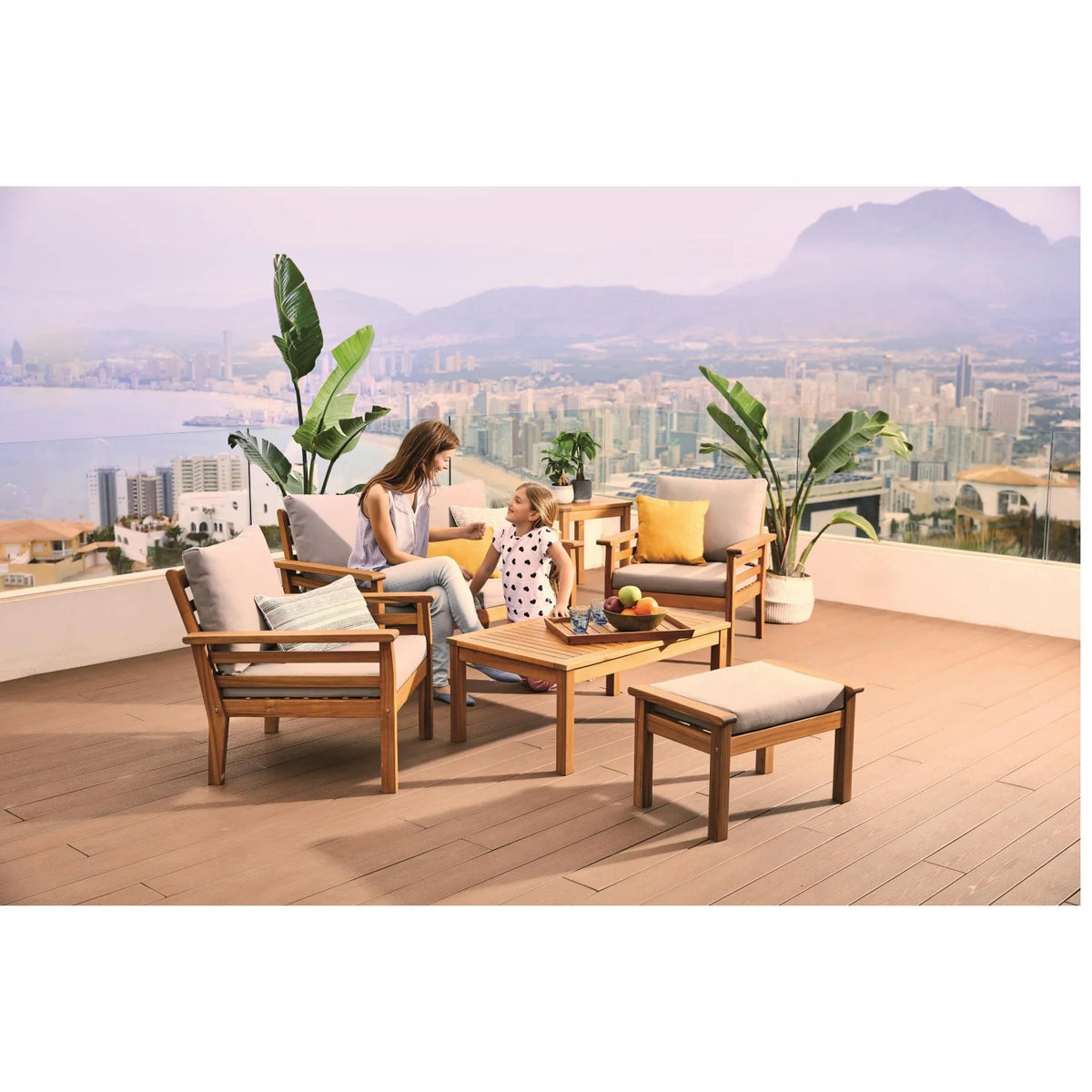 Conjunto de Jardín Mesa + Sofá + 2 Sillones + Mesa Auxiliar + Asiento Otomano + Bandeja de Madera, Bali