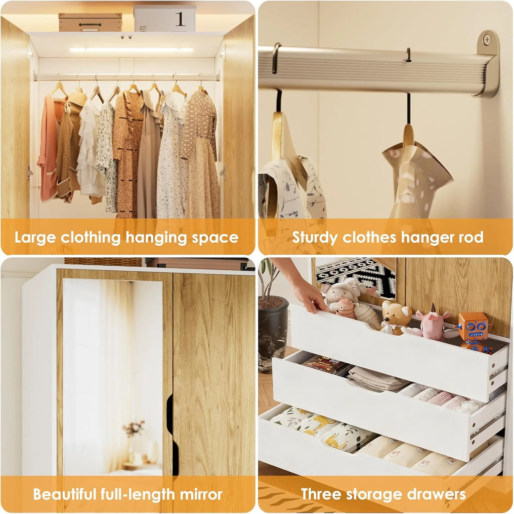 MSFE Armoire Chambre Penderie avec 2 Portes, Armoire Dressing Blanc avec Miroir, LED et 3 Tiroirs, Armoires de Rangement Bois pour Adulte Enfant, Garde-Robe Moderne 80 x 180 x 50 cm (L/H/P)