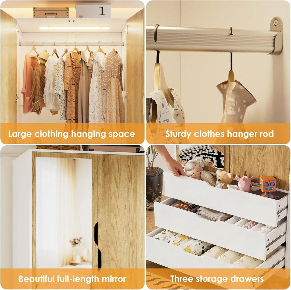 MSFE Armoire Chambre Penderie avec 2 Portes, Armoire Dressing Blanc avec Miroir, LED et 3 Tiroirs, Armoires de Rangement Bois pour Adulte Enfant, Garde-Robe Moderne 80 x 180 x 50 cm (L/H/P)