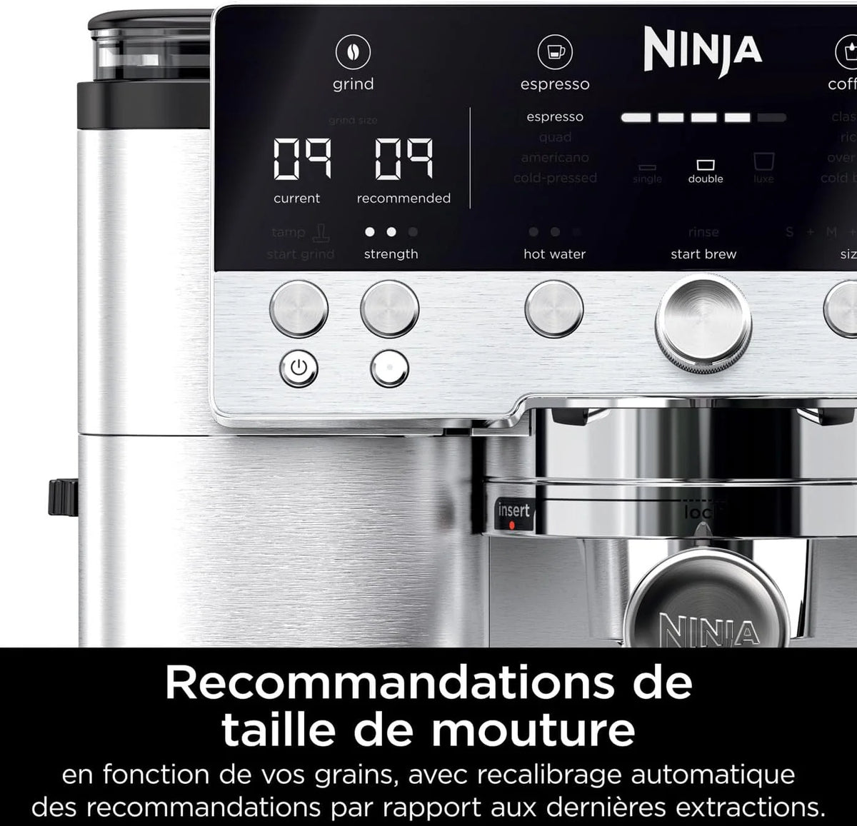 NINJA Machine à café Luxe Essential 2-en-1, Latte, Cappuccino et Espresso avec broyeur à grains et mousseur à lait intégrés, facile à utiliser, 2 préréglages mousse, argent, ES501EU