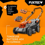 FUXTEC Tondeuse à Gazon sans Fil 40V (2x20V) E2RM43 Set Batteries et Chargeur - Largeur De Coupe 43cm, 40L, Hauteur De Coupe Variable, Tondeuse à Gazon Batterie, sans Fil