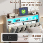 Lit Coffre 90x200 cm avec LED et Ports USB,Tête de Lits avec Rangement,Lit Double avec Sommier à Lattes, Facile à Assembler,pour Adultes et Adolescents,Velours (Gris, 90x200 cm)