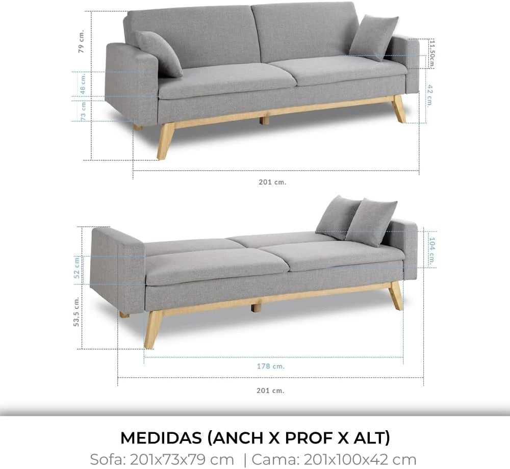Don Descanso, Sofá Cama 3 plazas Reine, Tapizado en Tela, Sistema Apertura de Libro o Clic-clac, Medida sofá: 201x73x79 cm, Medida Cama: 201x99x42 cm, Incluye 2 Cojines, Gris Claro