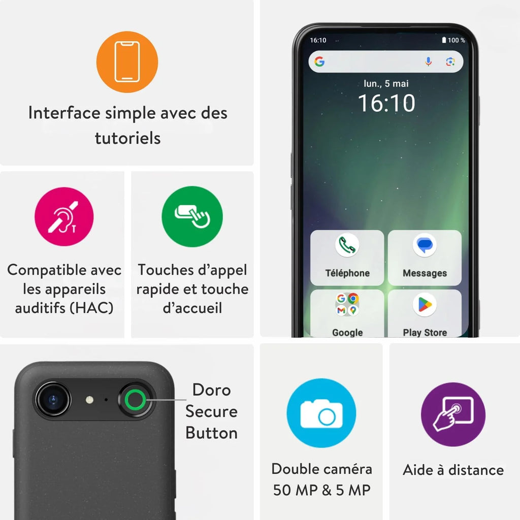 Doro - Téléphone Aurora A30 - Téléphone Portable Senior - Facile à Utiliser - Touche d'Assistance avec Localisation GPS - Compatible Appareils Auditifs - Câble USB Inclus - Graphite