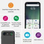 Doro - Téléphone Aurora A30 - Téléphone Portable Senior - Facile à Utiliser - Touche d'Assistance avec Localisation GPS - Compatible Appareils Auditifs - Câble USB Inclus - Graphite