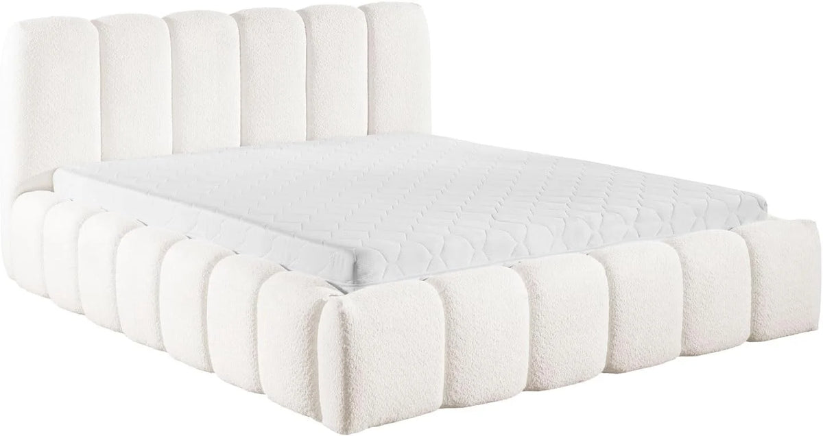 FURNISTAR MIA Lit capitonné avec coffre de lit, lit 140 x 200 cm, lit double avec espace de rangement et sommier à lattes, aspect lit à sommier tapissier, sans matelas, chambre à coucher - Blanc