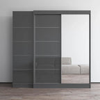 2-Door Wardrobe with Mirror, Glass Front, 2-Person (Gray / Black / White)