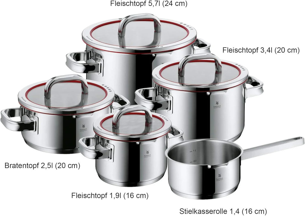 WMF Function 4 - Batería de Cocina 5 Piezas, Acero Inoxidable Apto para Inducción, 1 cacerola baja de 20 cm, 3 cacerolas altas de 16 cm, 20 cm y 24 cm con tapa, 1 cazo 16 cm