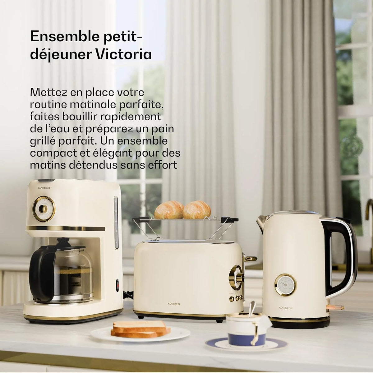 Klarstein Victoria Set Petit-Déjeuner Complet – Grille-Pain 2 Fentes 7 Niveaux, Bouilloire Électrique 1,7L, Cafetière Filtre 12 Tasses, Design Rétro, Support à Petits Pains, Cream