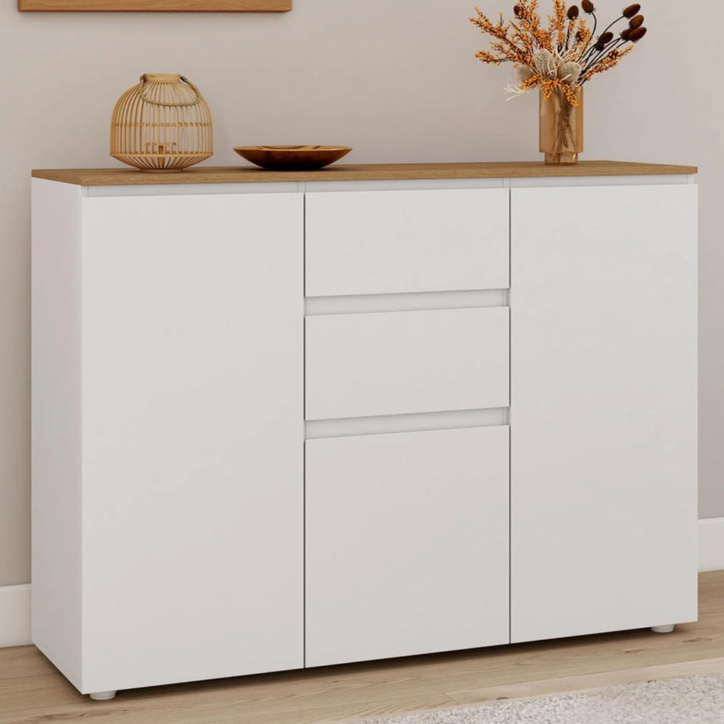 IDMarket - Buffet 100 cm Toby 3 Portes 2 tiroirs Blanc et Plateau Bois