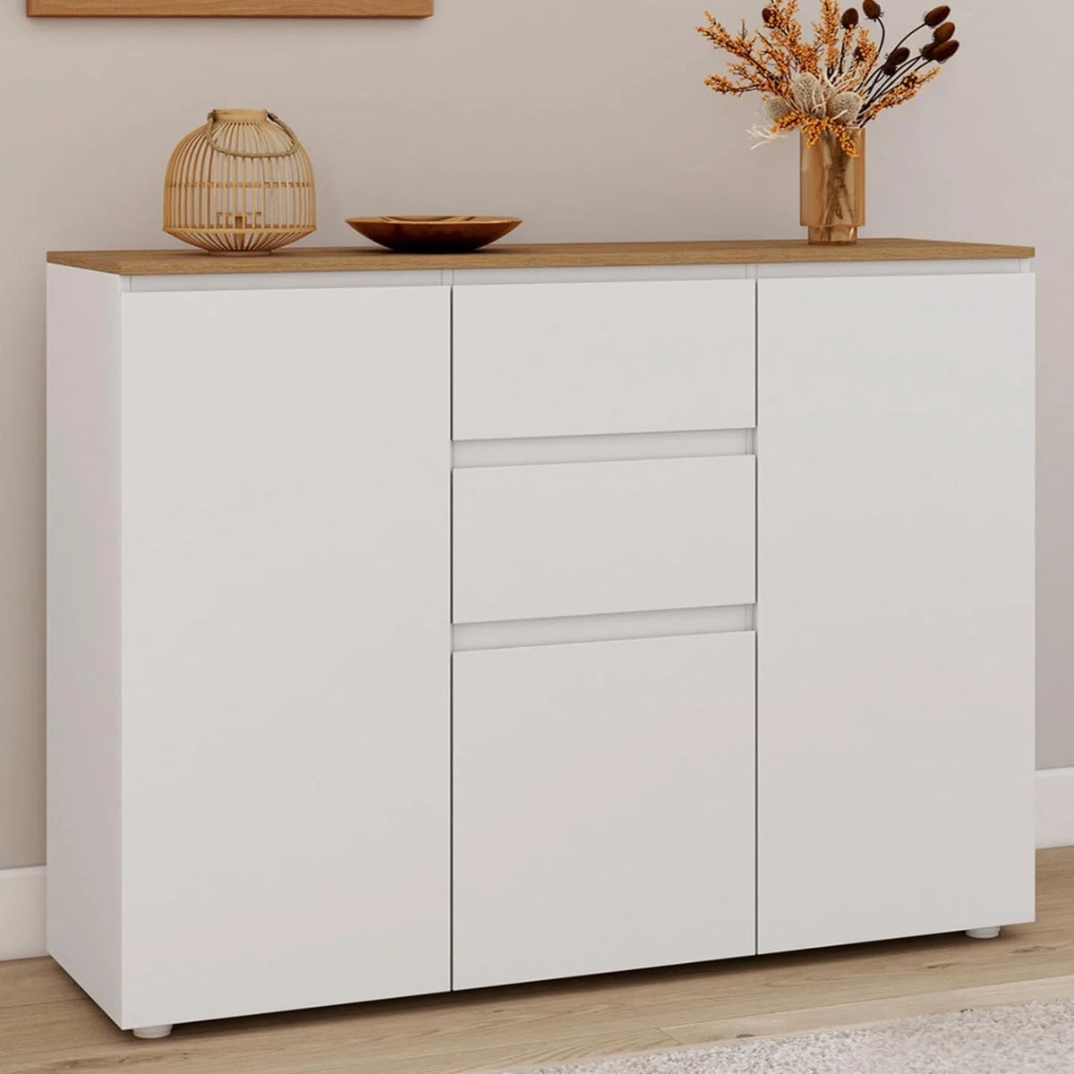 IDMarket - Buffet 100 cm Toby 3 Portes 2 tiroirs Blanc et Plateau Bois