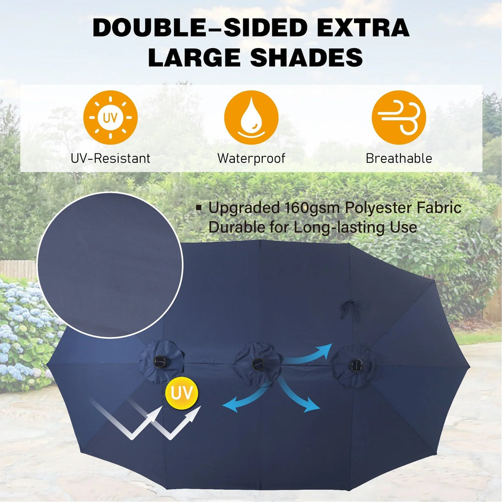 15-foot Rectangular Crank Double-sided Outdoor Market Umbrella Solar LED Lighted Patio Umbrella with Base Included