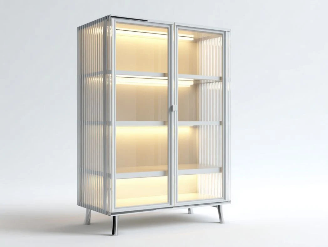 Vitrine moderne en verre avec éclairage LED et structure métallique