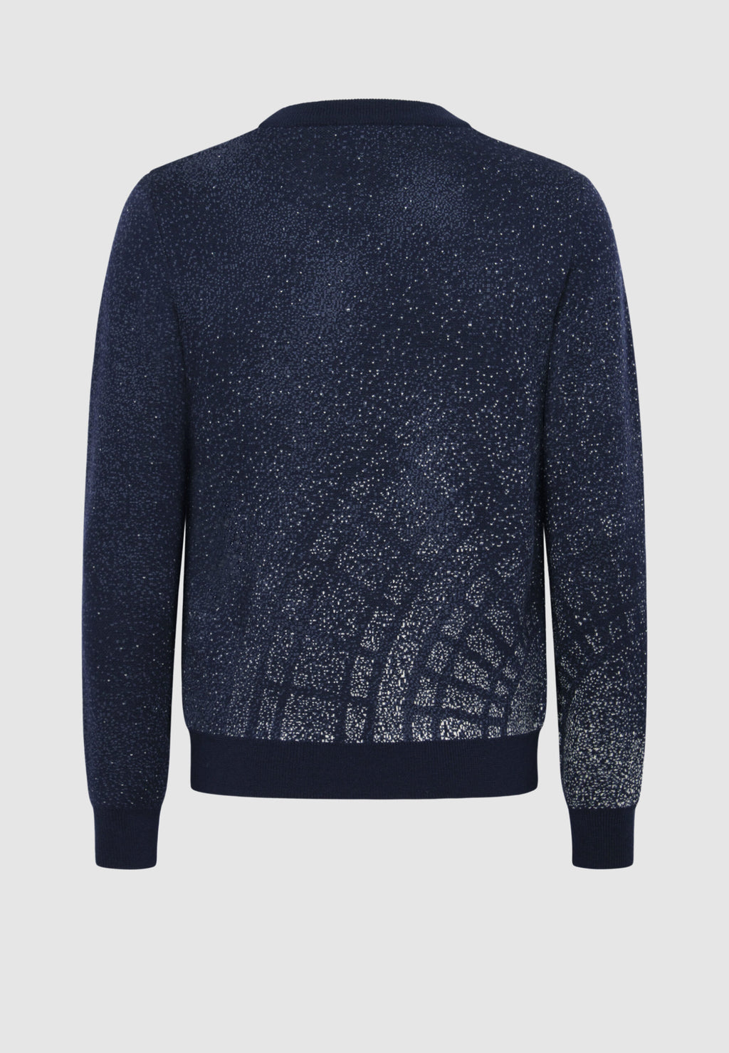 dos pull jacquard bleu marine graphisme blanc